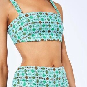 NWT ALEXIS ASSI Aqua blue & brown checked tweed square neck crop top